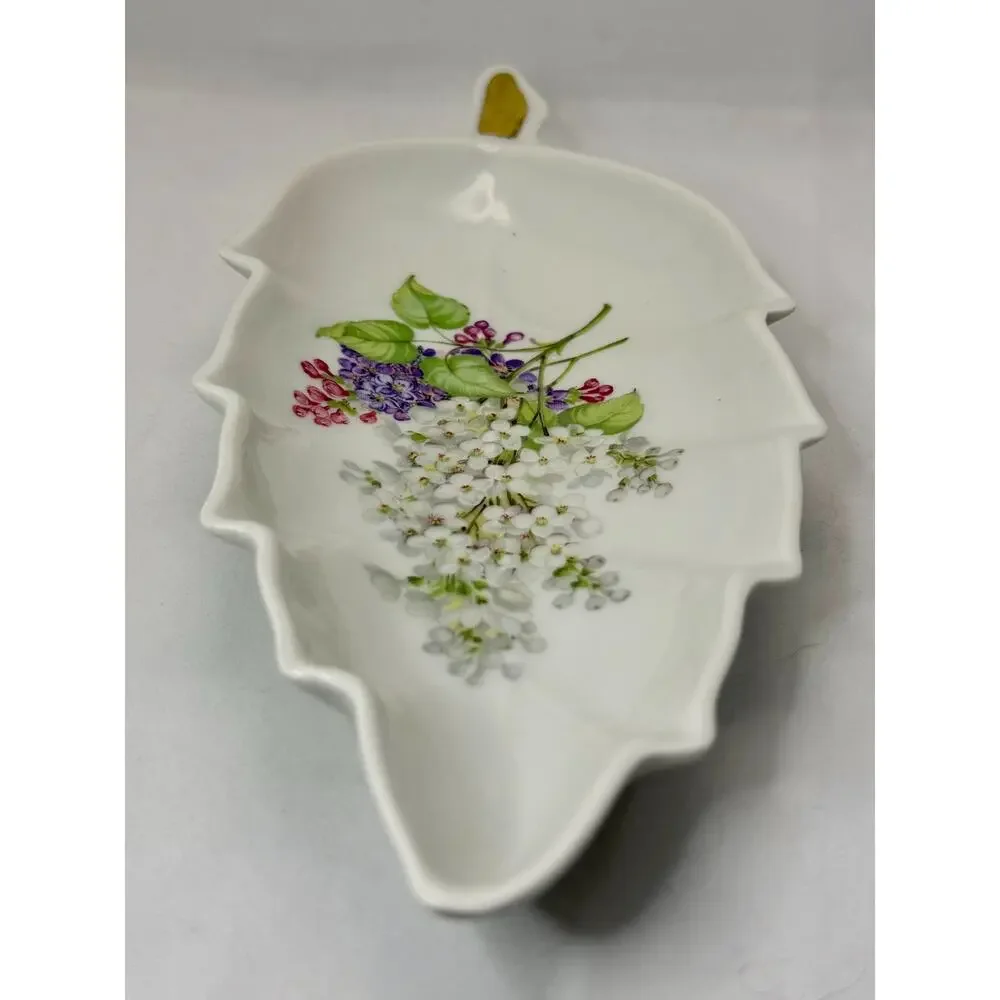 Vintage Old Nuremberg Bavaria Germany Porcelain Leaf Dish Floral Gold Accent
